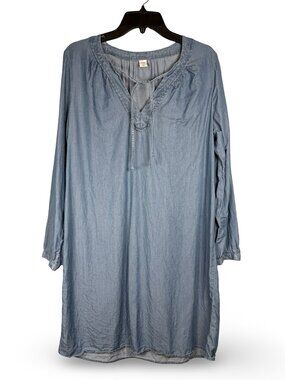 Old Navy Chambray V-Neck Cottage Boho Shift Dress Womens L Blue Long Sleeve